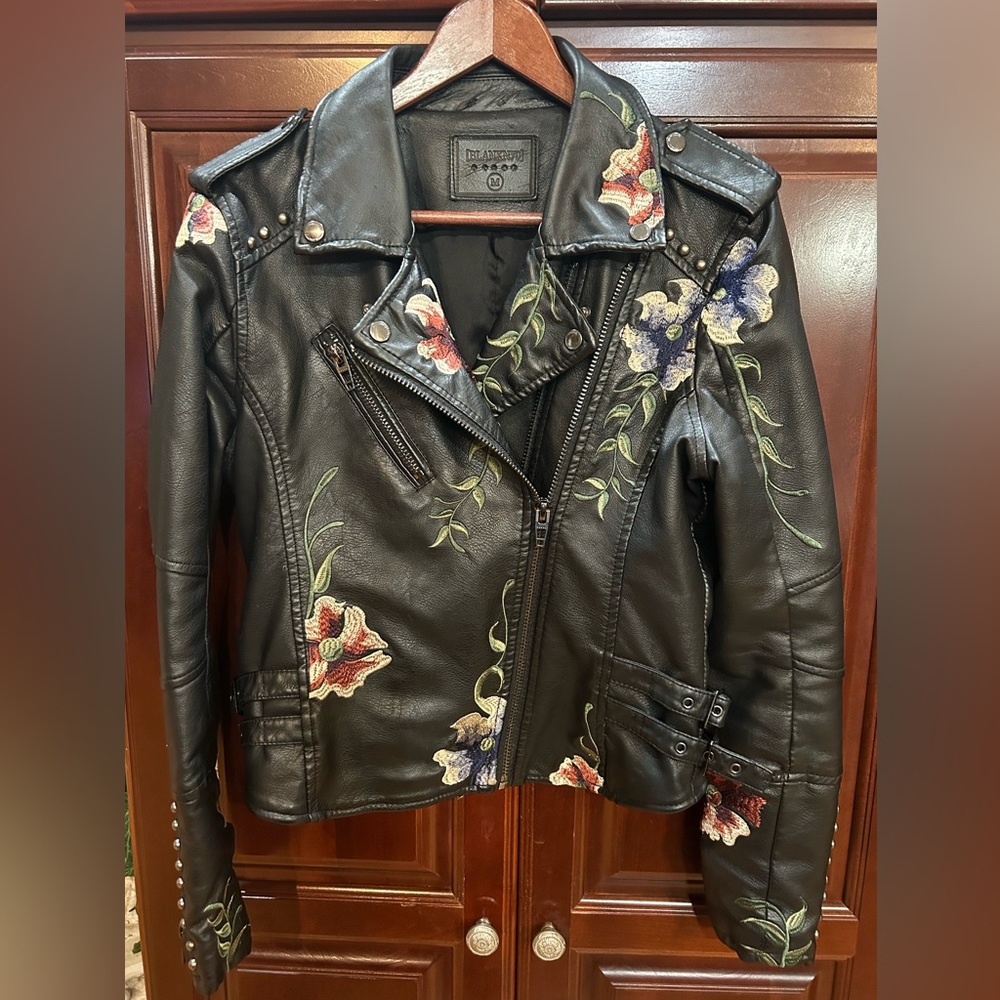 Blank NYC vegan leather embroidered moto jacket